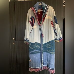 Custom Sailboat Women's Sweater with Hot Air Balloon Motif and Fringe.